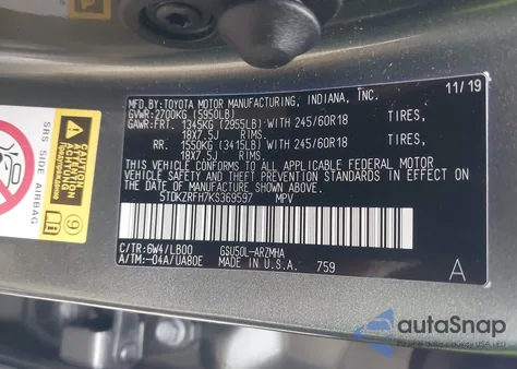 2019 Toyota Highlander Xle из США, поврежденный, VIN 5TDKZRFH7KS369597